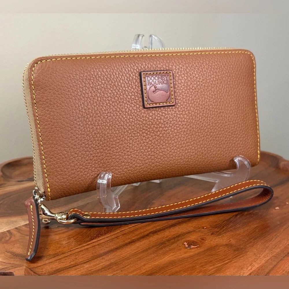 Dooney & Bourke Zip Around Wallet Wristlet Carmel Brown Pebble Leather NWOT
